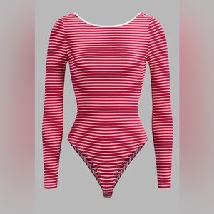 Commense Open Back Stripe Long Sleeve Bodysuit
